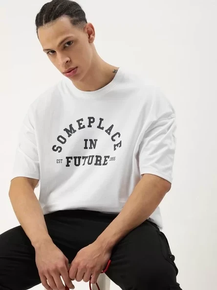 Erkek Baskılı Oversize T-shirt - Beyaz - 2