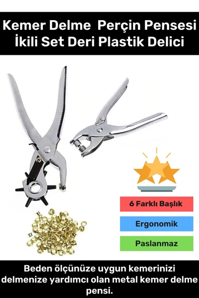 Premium 6 Farklı Başlık Uçlu Pratik Delgeç Kemer Delme Perçin Pensesi İkili Set Deri Plastik Delici