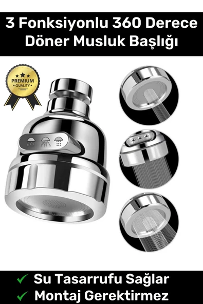 Ayarlanabilir Sert Plastik Krom 3 Fonksiyonlu 360 Derece Döner Tasarruflu Lavabo Başlığı Musluk Ucu