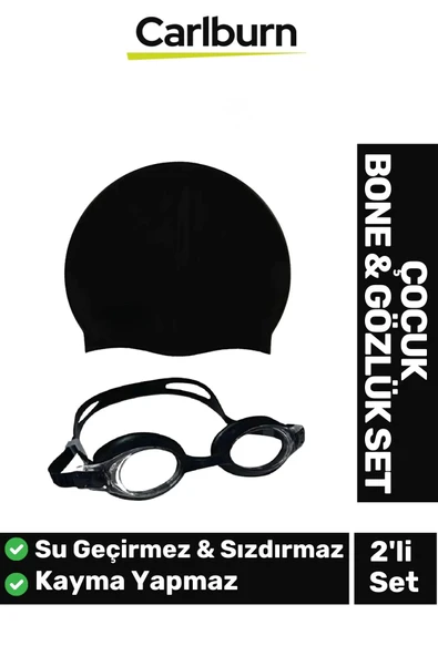 Kaymaz Su Geçirmez Silikon Yüzücü Elastik Yüzme Şapkası Havuz Deniz Bone Gözlük 2’li Çocuk Seti