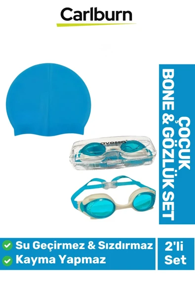 Kaymaz Su Geçirmez Silikon Yüzücü Elastik Yüzme Şapkası Havuz Deniz Bone Gözlük 2’li Çocuk Seti