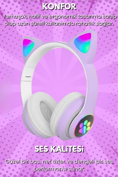 Gürültü Engelleyen Kız Erkek Çocuk Kedi Kulaklı Işıklı Mikrofonlu Kablosuz Bluetooth Kedili Kulaklık - 2