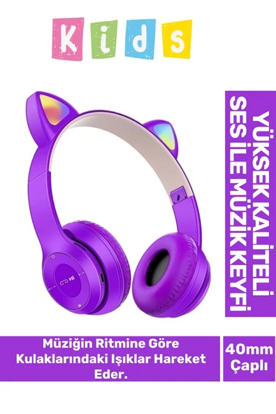 Gürültü Engelleyen Kız Erkek Çocuk Kedi Kulaklı Işıklı Mikrofonlu Kablosuz Bluetooth Kedili Kulaklık