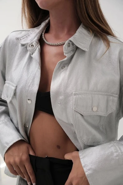 Metalik Denim Ceket - 4