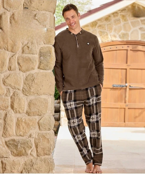 Pijamoni Erkek Düğme Yaka Kışlık Polar Pijama Takımı 6100/4 - 1 Adet  L Kahverengi