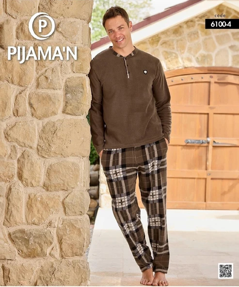 Pijamoni Erkek Düğme Yaka Kışlık Polar Pijama Takımı 6100/4 - 1 Adet  2XL Kahverengi - 2