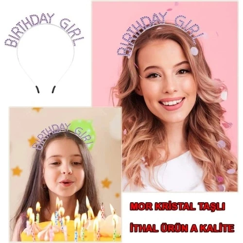 Mor Renk Kristal Taşlı Parlak Birthday Girl Yazılı Taç - 2