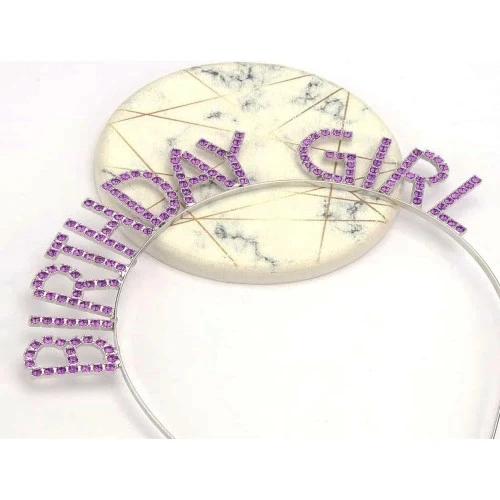 Mor Renk Kristal Taşlı Parlak Birthday Girl Yazılı Taç - 3