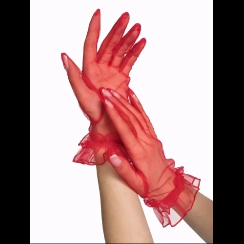 Kısa Boy Likralı Güpürlü Yetişkin Tül Eldiven Kırmızı Renk ürün görseli 1