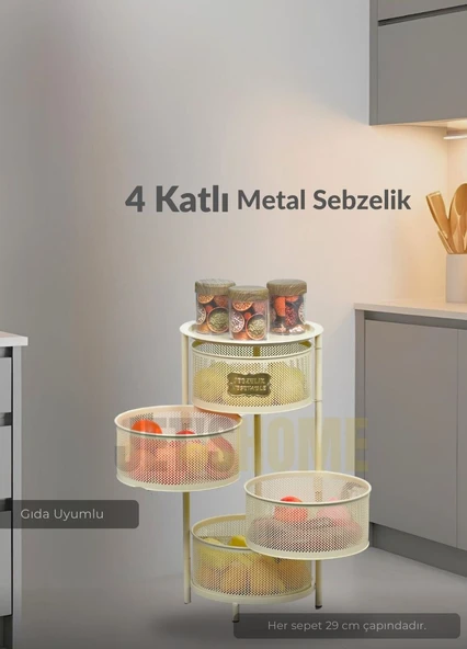 4 Katlı Sebzelik Açılır Metal Patates Soğan Sepeti Paslanmaz Meyvelik Organizer Sepet Krem - 2