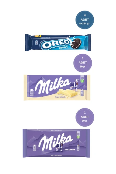 Milka Sütlü 80 gr & Milka Beyaz Tablet Çikolata 80 gr ve Oreo Bisküvi 154 gr