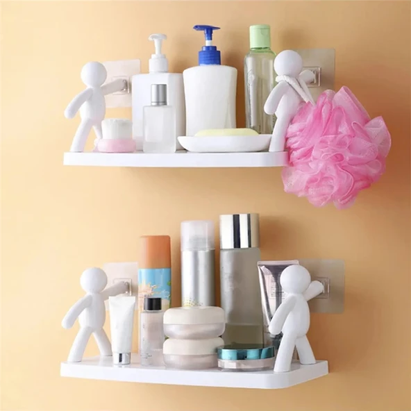 2 li Banyo Mutfak Organizer Şampuan Kozmetik Baharat Kavanoz Düzenleyici Yapışkanlı Raf Çöp Adam - 3