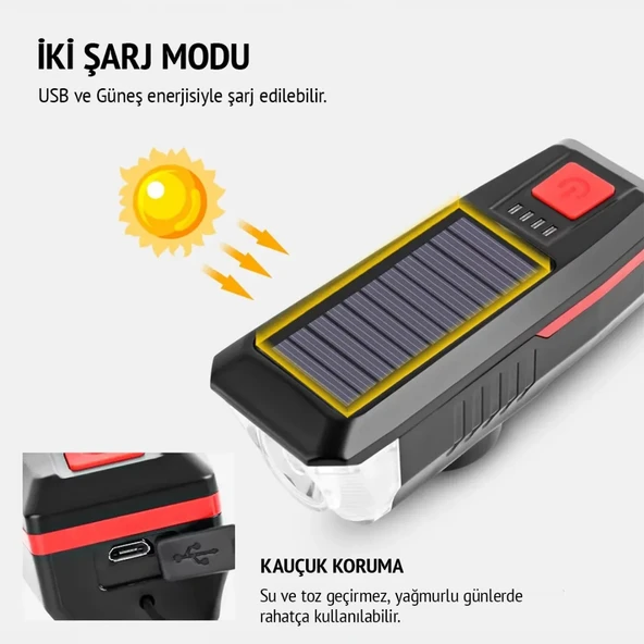 Su Geçirmez Güneş Enerjili Led Işıklı Bisiklet Farı - Kornalı Usb Ile Şarj Edilebilir Fener 11 Cm - 8