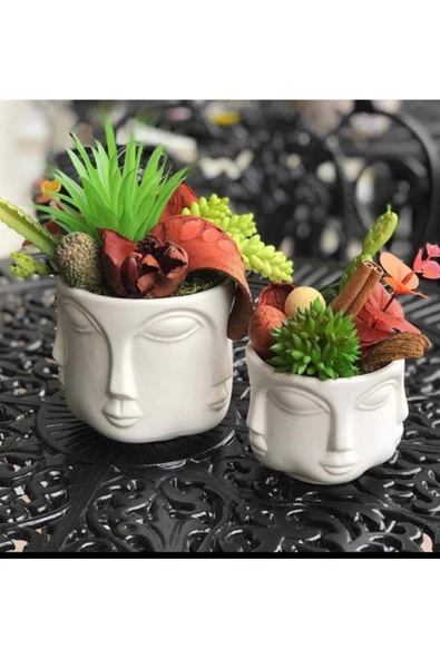 2 Li Havelka Buddha Suratlı Beyaz Boyalı Dekoratif Saksı Vazo Set