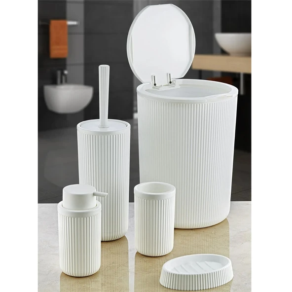5 Parça Banyo Seti Şık Tasarımlı Banyo Takımı Çöp Kovası Wc Fırçası Sıvı Katı Sabunluk Diş Fırçalık - 4