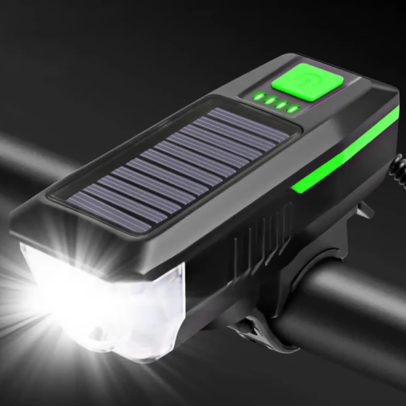 Su Geçirmez Güneş Enerjili Led Işıklı Bisiklet Farı - Kornalı Usb Ile Şarj Edilebilir Fener 11 Cm - 7