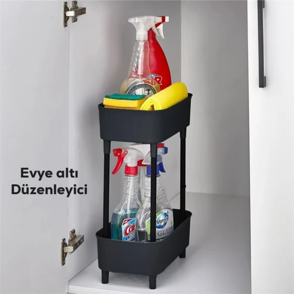 İki Katlı Raf Çok Amaçlı 2 Katlı Evye Altı Düzenleyici Dolap İçi Tezgah Altı Banyo Mutfak Organizer - 6