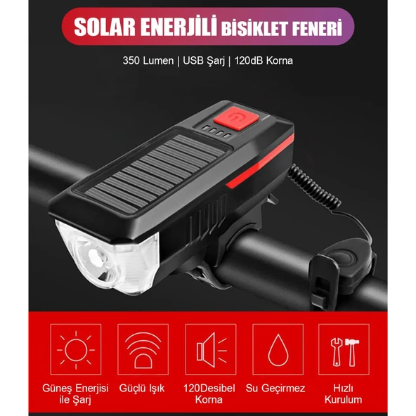 Su Geçirmez Güneş Enerjili Led Işıklı Bisiklet Farı - Kornalı Usb Ile Şarj Edilebilir Fener 11 Cm - 6