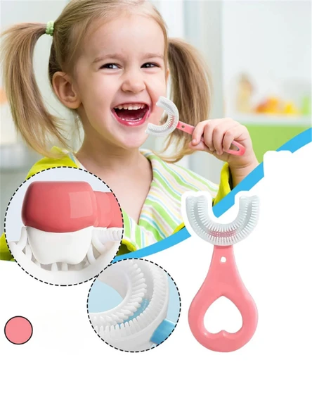 Çocuk Diş Fırçası U Şeklinde Pratik Bebek Diş Fırçası Saplı 2-6 Yaş PEMBE 360 Derece Dönebilen - 2