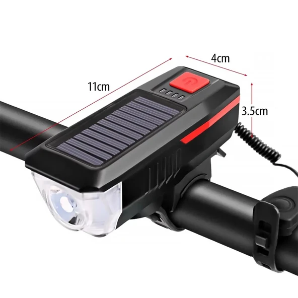 Su Geçirmez Güneş Enerjili Led Işıklı Bisiklet Farı - Kornalı Usb Ile Şarj Edilebilir Fener 11 Cm - 5