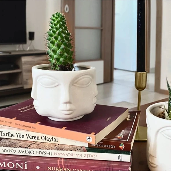 2 Li Havelka Buddha Suratlı Beyaz Boyalı Dekoratif Saksı Vazo Set - 7