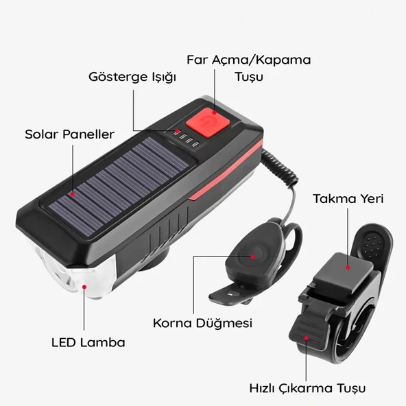 Su Geçirmez Güneş Enerjili Led Işıklı Bisiklet Farı - Kornalı Usb Ile Şarj Edilebilir Fener 11 Cm - 4