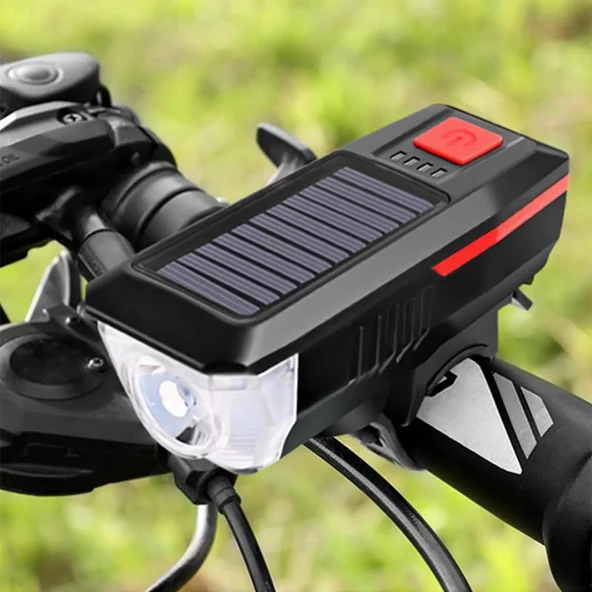 Su Geçirmez Güneş Enerjili Led Işıklı Bisiklet Farı - Kornalı Usb Ile Şarj Edilebilir Fener 11 Cm - 2