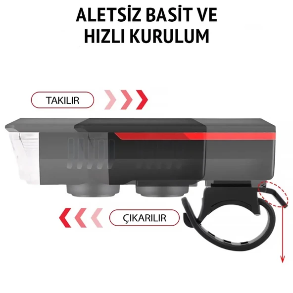Su Geçirmez Güneş Enerjili Led Işıklı Bisiklet Farı - Kornalı Usb Ile Şarj Edilebilir Fener 11 Cm - 3