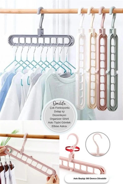 Gömlek Tişört Askısı Sihirli Döner Başlıklı 9 Gözlü Yer Tasarruflu Çoklu Dolap Askı Aparatı - 2