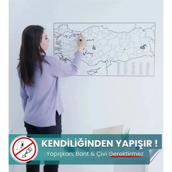 Türkiye Haritası Akıllı Statik Tutunan Doldurulabilir Yapışkansız Pratik Şeffaf Türkiye Haritası 110x56 ürün görseli