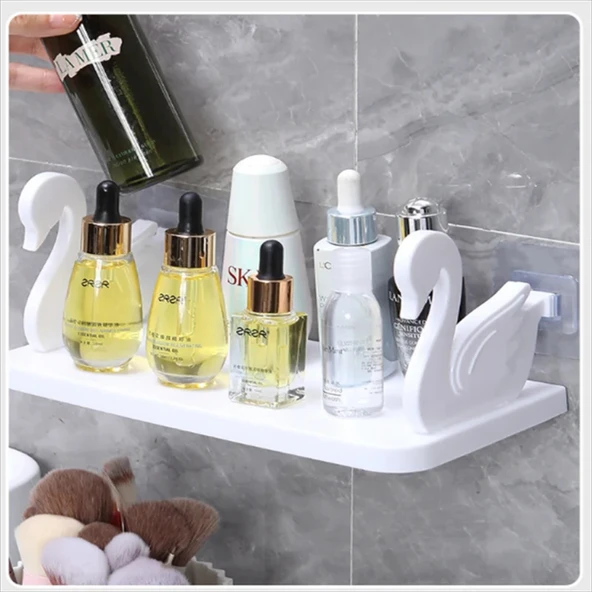 Kuğu Motifli Banyo Mutfak Ofis Baharat Rafı Kendinden Yapışkanlı Kuğu Rafı Beyaz - 2