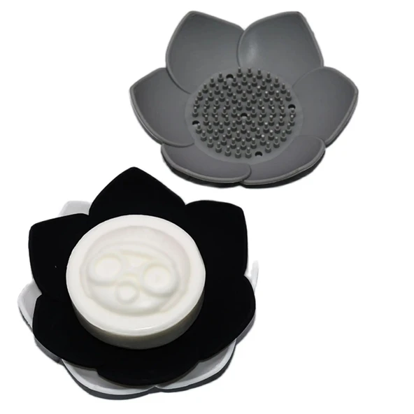 Lotus Desenli Sabun Ve Sünger Tutacağı Silikon (SİYAH) Su Giderli Lotus Şekilli Şık Katı Sabunluk - 2