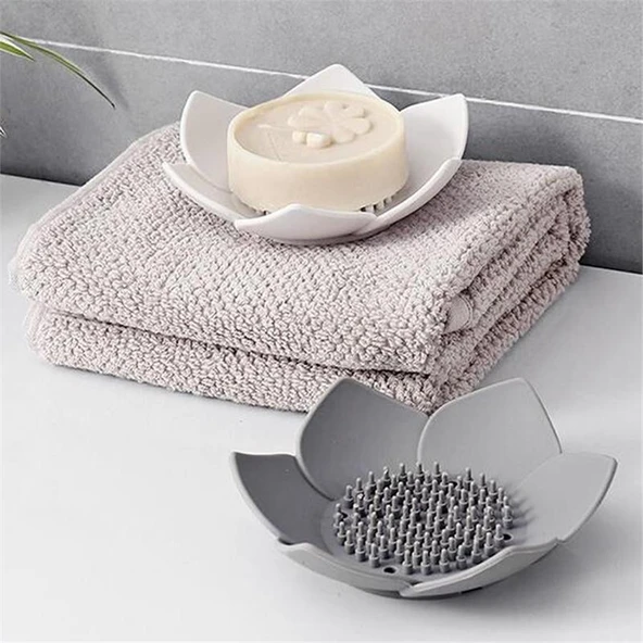 Lotus Desenli Sabun Ve Sünger Tutacağı Silikon (SİYAH) Su Giderli Lotus Şekilli Şık Katı Sabunluk - 4
