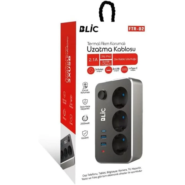 2 Metre Siyah Uzatma Kablosu Akım ve Çocuk Korumalı 3 Priz 2 USB 1 Type-C Girişli Grup Priz - 4