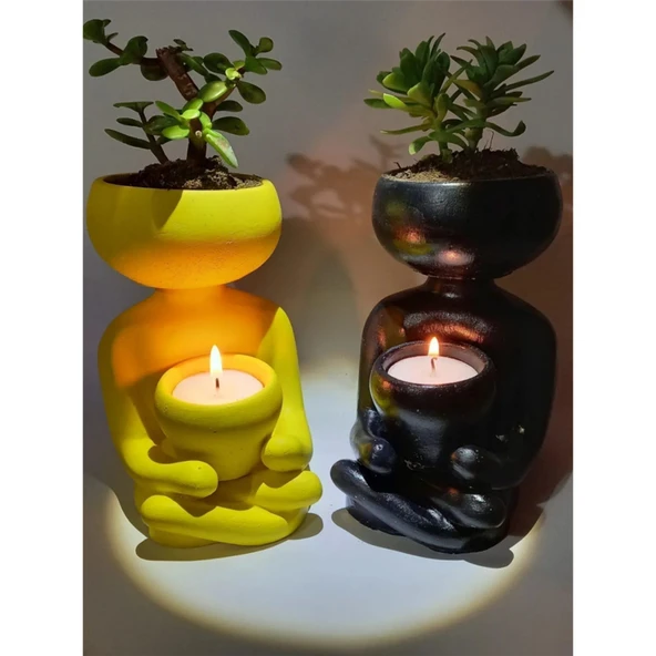 Siyah Yoga Figürlü Sukulent Saksısı 2li Set Dekoratif Mini Saksı Meditasyon Temalı Biblo - 3