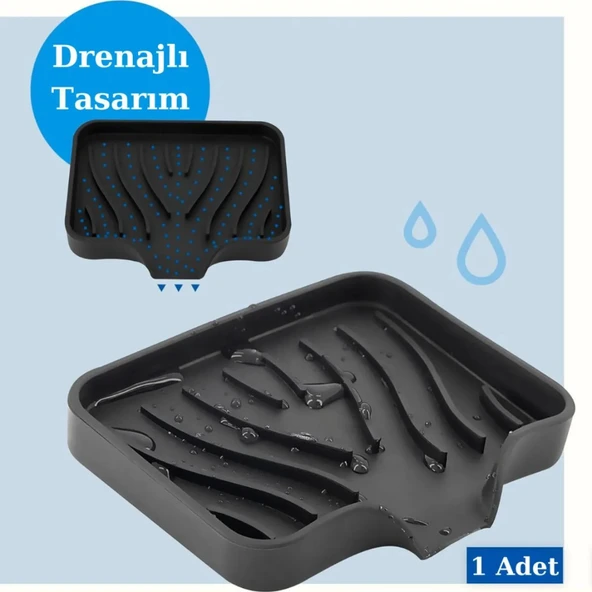 Gri Silikon Su Giderli Sabunluk Vantuzlu Esnek Yapılı Banyo Mutfak Duvar Tipi Sabun Kabı - 6