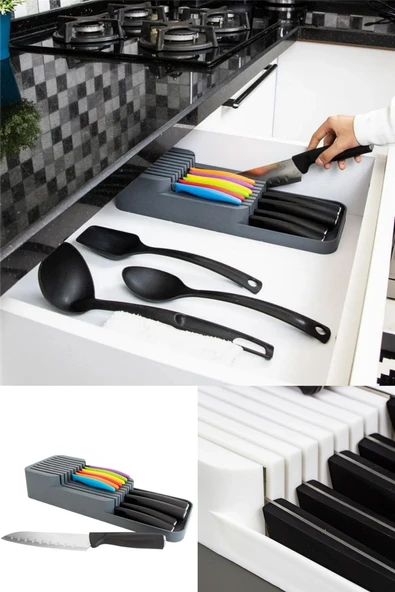 2 Sıra Bıçaklık Çekmece İçi Güvenli Bıçak Düzenleyici, Kaydırmaz Şık ve Pratik Mutfak Çözümü ürün görseli 1