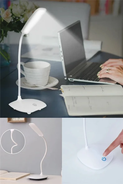 Şarjlı Dokunmatik Led Masa Lambası 3 Kademeli Okuma Işığı 360 Derece Oynar Başlıklı Beyaz Led Lamba