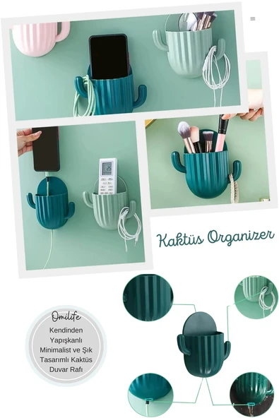 Kaktüs Tasarımlı Yapışkanlı Minimalist Duvar Organizeri Pratik Saklama ve Düzenleme Çözümü - 3