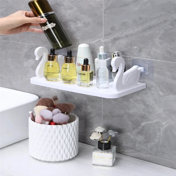 Kuğu Motifli Banyo Mutfak Ofis Baharat Rafı Kendinden Yapışkanlı Kuğu Rafı Beyaz - 5