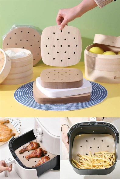 Airfryer Delikli Pişirme Kağıdı 100 Adet Hava Fritözü Kare Model Pişirme Kağıdı Airfryer Fritöz ürün görseli 1