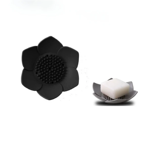 Lotus Desenli Sabun Ve Sünger Tutacağı Silikon (SİYAH) Su Giderli Lotus Şekilli Şık Katı Sabunluk - 3