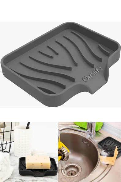 Gri Silikon Su Giderli Sabunluk Vantuzlu Esnek Yapılı Banyo Mutfak Duvar Tipi Sabun Kabı