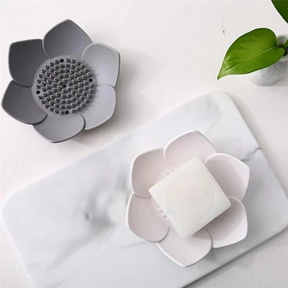 2 Adet Lotus Desenli Sabun Ve Sünger Tutacağı Silikon (MAVİ) Su Giderli Lotus Şekilli Sabunluk - 4