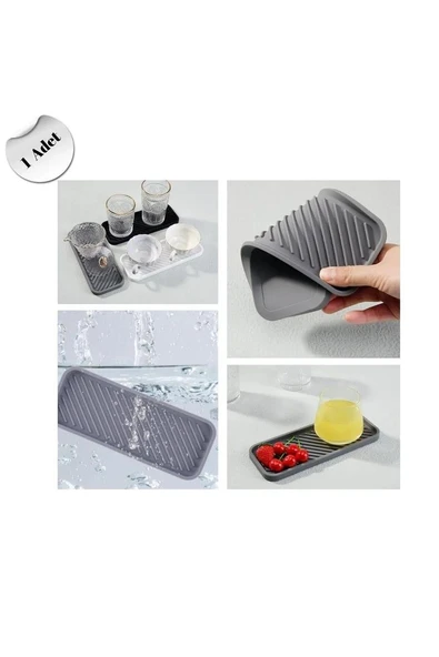 Gri Silikon Yağdanlık Yağlık Standı Altlık Çok Amaçlı Organizer Sunumluk Sabunluk Altlığı 23x10 Cm - 2
