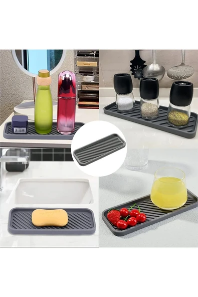 Gri Silikon Yağdanlık Yağlık Standı Altlık Çok Amaçlı Organizer Sunumluk Sabunluk Altlığı 23x10 Cm ürün görseli 1