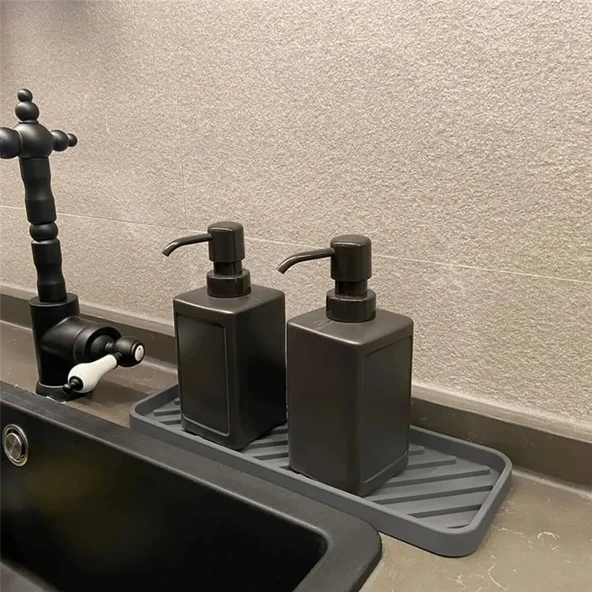 3 Adet Gri Silikon Yağdanlık Standı 23x10 cm Çok Amaçlı Organizer Sunumluk Sabunluk Altlığı Seti - Resim 4