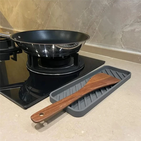 3 Adet Gri Silikon Yağdanlık Standı 23x10 cm Çok Amaçlı Organizer Sunumluk Sabunluk Altlığı Seti - Resim 3