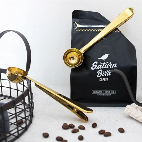 Paslanmaz Çelik Çay Kahve Bitki Çayı Mutfak Ölçü Kaşığı ve Paket Klipsi Gold - 3
