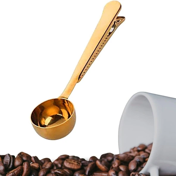 Paslanmaz Çelik Çay Kahve Bitki Çayı Mutfak Ölçü Kaşığı ve Paket Klipsi Gold - 5
